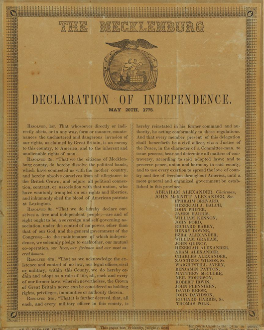 This broadside or possibly unique printed document is a circa 1830 copy of the so-called ‘Mecklenburg Declaration’ – a declaration of independence from England supposedly made in North Carolina on May 20, 1775, a year before the one in Philadelphia. Consigned by a descendant of Ephraim Brevard along with several other family items, it is estimated at $700-$1,000. Case Antiques Auction image.