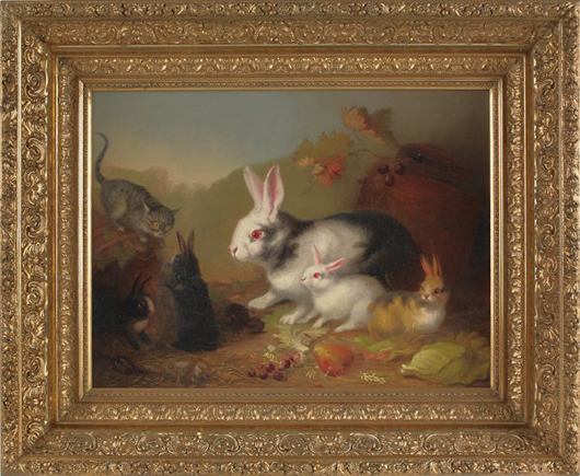 American painter Mary Russell Smith executed this charming portrait of a group of rabbits and a kitten. (est. $20,000-30,000)