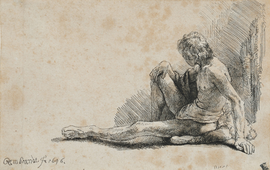 Rembrandt van Rijn (Dutch, 1606-1669), ‘Nude Man Seated on the Ground with One Leg Extended,’ 1646, etching on laid paper, plate/sheet size 3 3/4 x 6 inches, matted, framed. Realized: $23,700. Skinner Inc. image. 