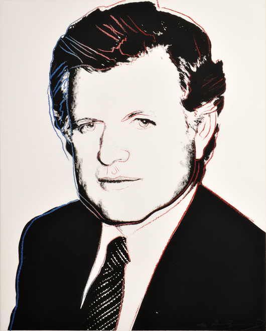Andy Warhol (American, 1928-1987), ‘Edward Kennedy,’ 1980, edition of 300-plus proofs, published by the Kennedy for President Committee. Numbered and signed. Image/sheet size 40 x 32 inches, framed. Realized: $10,072. Skinner Inc. image. 