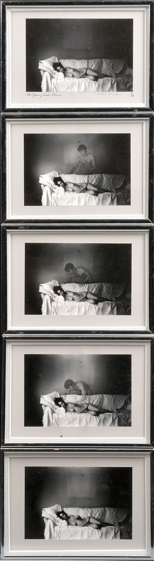 Duane Michals (American, b. 1932), ‘The Young Girl's Dream (in Five Parts),’ 1969, edition of 25. The first titled, signed, and numbered. Gelatin silver prints, image sizes 3 3/8 x 5 inches, framed. Realized: $5,925. Skinner Inc. image.