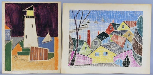 Two of 12-color white line woodblock prints in the auction by Beulah Tomlinson, an artist active in Massachusetts’ Provincetown school in the mid-20th century. This pair is estimated at $1,000-$2,000. Case Antiques Auction image.