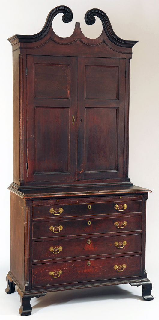 An important Shenandoah Valley, Va., bookcase on bureau in original surface leads the furniture offerings. It carries an estimate of $75,000-$100,000. Case Antiques Auction image.