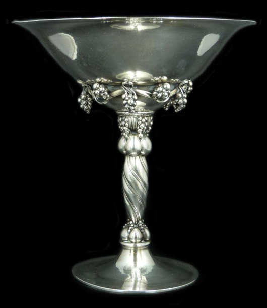 Sterling silver fruit bowl with grape motif, designed by Georg Jensen in Denmark in 1918. Estimate: $7,000-$10,000). Elite Decorative Arts image.