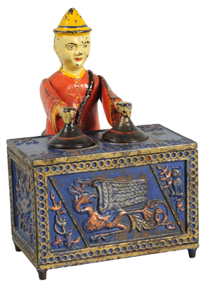 Kyser & Rex ‘Mikado’ cast-iron mechanical bank, rare blue variation, top lot of the sale, $198,000. Morphy Auctions image.