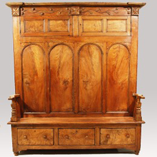 This nineteenth-century Irish ash ‘bacon settle’ will be on the stand of Sussex dealers Wakelin & Linfield at the Decorative Antiques and Textiles Fair in Battersea Park from 2 to 7 October, priced at £9,800 ($15,800). Image courtesy Wakelin and Linfield and the Decorative Antiques and Textiles Fair.