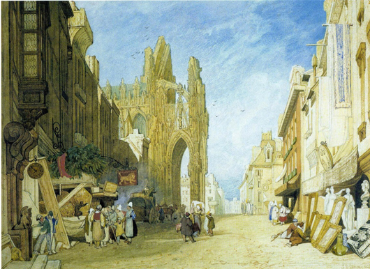 Alençon, a watercolour of 1823 by John Sell Cotman — showing an antique dealer’s shop (lower right) — part of the exhibition ‘Cotman in Normandy’ at Dulwich Picture Gallery, from 10 October to 13 January 2013. Image courtesy Dulwich Picture Gallery and Birmingham Museum and Art Gallery.