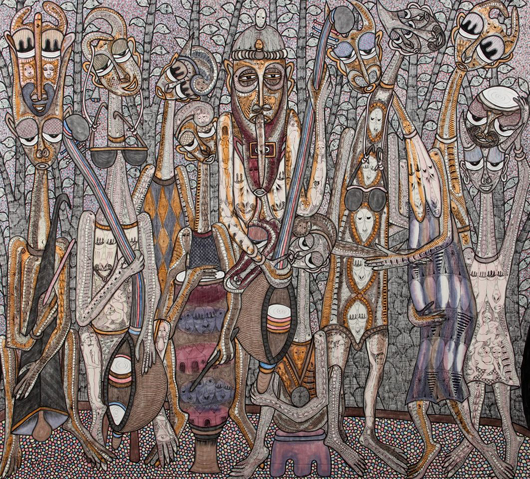 Prince Twins Seven-Seven (Nigerian, 1944-2011), ‘The Spirits of my Reincarnation Brothers and Sisters #2,’ ink, watercolor, acrylic, and oil on cloth, stretcher; 2007, 65½ x 58 inches. Est. $5,000-$7,000. Material Culture image.
