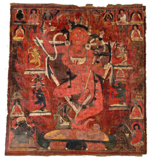 14th-16th century Tibetan Thangka scroll painting of Vajra Varahui (Sanskrit), Dorje Pakmo (Tibetan), 21 x 18½ inches. Provenance: Bill Liske. Est. $3,000-$4,000.