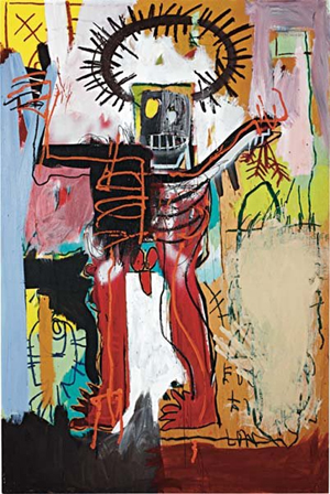 An untitled 1981 Jean-Michel Basquiat (1960-1988) acrylic, oilstick and spray paint on wood artwork sold for $16.3 million (est. $8 million to $12 million) at Phillips de Pury's May 10, 2012 Contemporary Art auction. Image courtesy of LiveAuctioneers.com Archive and Phillips de Pury & Co.