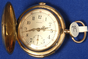 Dunand 14kt gold chronograph quarter-hour repeater pocket watch with hunter case, size 14. Woody Auction image.