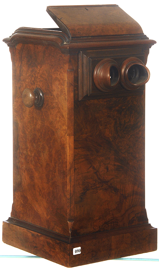 Wonderful Victorian burl walnut stereo card tabletop viewer with lockable top shutters. Woody Auction image.