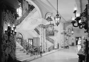 1969 photo of the grand interior staircase and entrance hall of 'The Elms,' Edward J. Berwind Mansion, Bellevue Avenue, Newport, R.I., built 1899-1901. Photo by Jack E. Boucher (1931-2012). Courtesy of Library of Congress, Prints & Photographs Division, RI, 3-NEWP, 60-19.