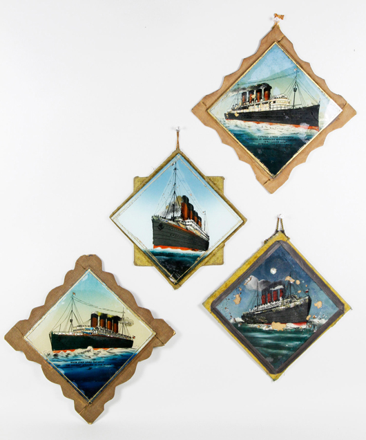 Reverse glass set of ships including the Titanic, the Olympic, the Mauretania and the Lusitania, largest 9 inches square. Kaminski Auctions image.