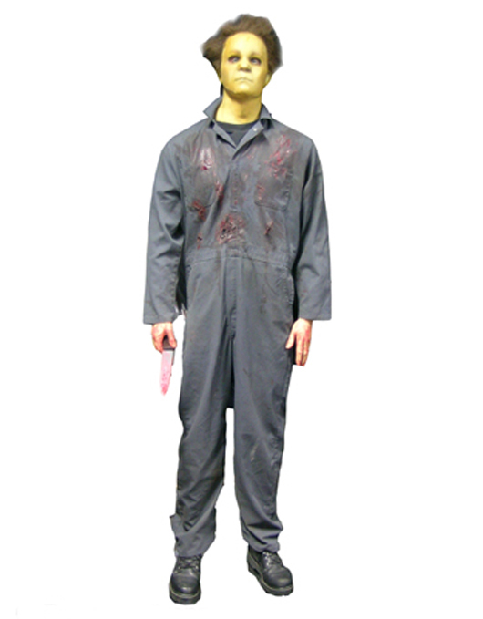 Full figure of Michael Myers, the diabolical killer of the Halloween franchise, dressed in the mask and coveralls worn by actor Chris Durand as Myers in Halloween H2O (1998). Premiere Props image.