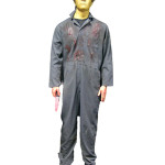 Full figure of Michael Myers, the diabolical killer of the Halloween franchise, dressed in the mask and coveralls worn by actor Chris Durand as Myers in Halloween H2O (1998). Premiere Props image.