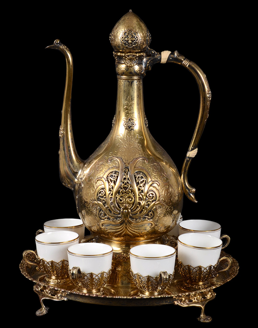 Tiffany 19th century silver gilt Persian demitasse set, 73 ounces.  Auction Gallery of the Palm Beaches Inc. image.