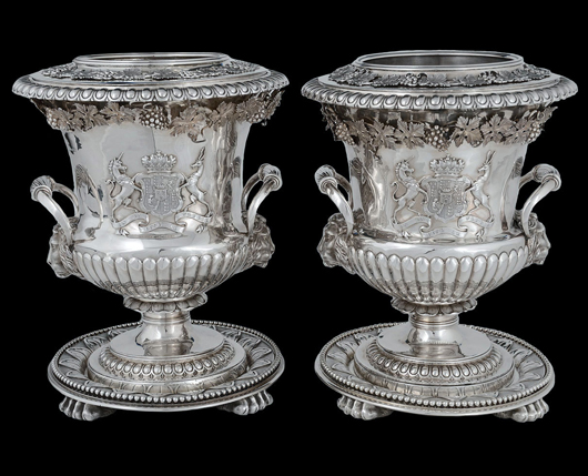 Pair of George III, Benjamin Smith, circa 1808, Silver Wine Coolers, 349 ounces. Auction Gallery of the Palm Beaches Inc. image.  
