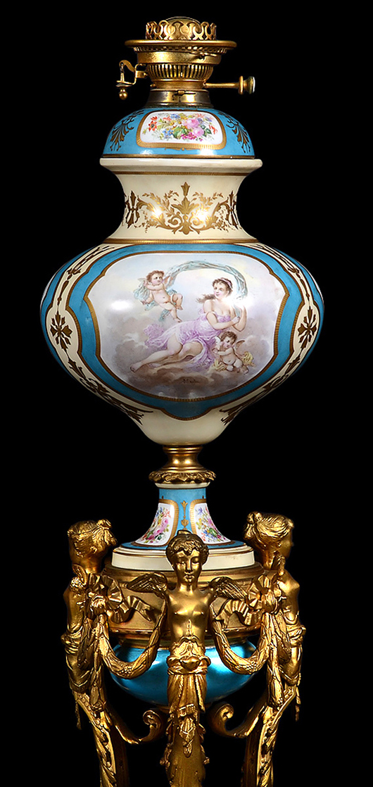 Sevres Louis Philippe 19th century bronze and painted standing oil lamp, 69 inches high. Auction Gallery of the Palm Beaches Inc. image.