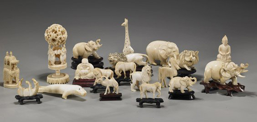 Collection of various carved ivory animals, 5 1/4 inches long (largest). Estimate: $600-$900. I.M. Chait Gallery /Auctioneers image.
