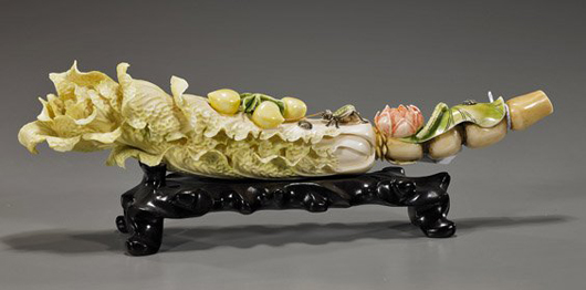 Chinese carved and polychrome ivory cabbage, 13 1/2 inches long, wood stand. Estimate $1,200-$1,500. I.M. Chait Gallery /Auctioneers image.