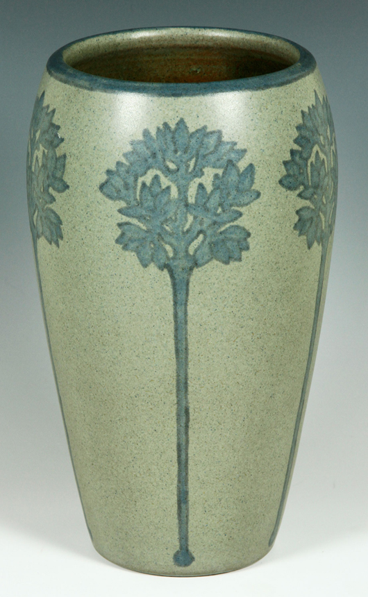 Marblehead pottery vase, impressed ship mark on base with inscribed H.T. denoting a collaboration of designor Arther Irwin Hennessey and decorator Sarah Tutt, 7 inches, Estimate: $3,000-$5,000. Kaminski Auctions image.