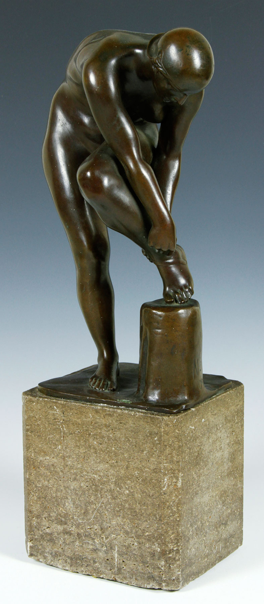 Nicolaus Friedrich (German, 1865-1914), ‘Amazon Fastening Her Sandal,’ bronze sculpture, signed, 1909, 13 1/5 inches high. Estimate: $4,000-$6,000. Kaminski Auctions image.