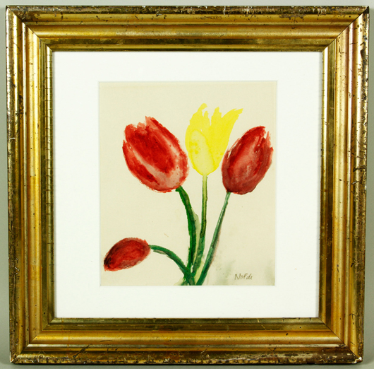 Emile Nolde (French, 1867-1956), tulips, watercolor, signed Nolde, 7 1/4 x 6 1/4 inches, 12 x 12 inches (frame). Estimate: $5,000-$8,000. Kaminski Auctions image.