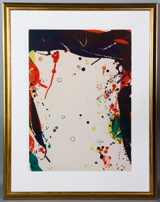 Sam Francis (American, 1923-1994), ‘Trietto #6,’ abstract, aquatint, signed lower right in pencil, 29 x 21 inches, 40 3/4 x 31 3/4 inches (frame). Estimate: $10,000-$15,000. Kaminski Auctions image.