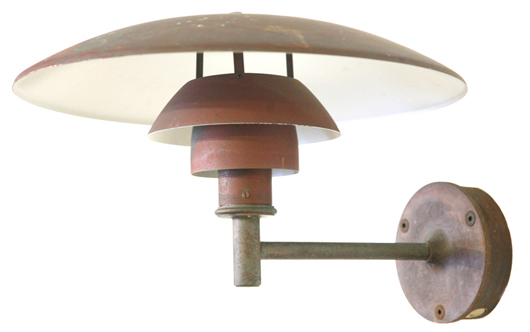 Mid-'60s-era copper wall lamp by Poul Henningsen, one of a set of four bought out of a building by Irwin.