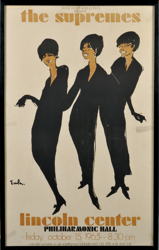 The Supremes, Lincoln Center ‘Philiharmonic’ Hall, concert poster, sight size 37 1/2 x 23 1/4 inches. Estimate: $500-$700. Skinner Inc. image.