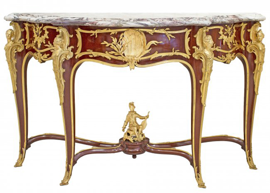 Circa-1900 Francois Linke ormolu-mounted kingwood console table with shaped marble top. A.B. Levy image.