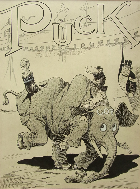 Louis M. Glackens, Puck magazine art, Oct. 16, 1911, ink on heavy paper, depicts Taft and G.O.P., signed lower right, stamp verso, Hess Fine Auctions image.