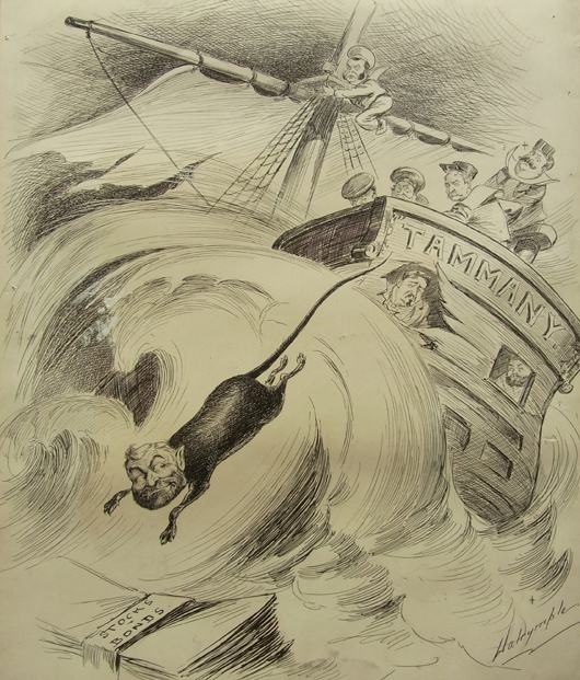 Louis Dalrymple, 'The Good Ship Tammany,' signed, ink on heavy paper, exhibited Art Institute of Chicago. Hess Fine Auctions image.
