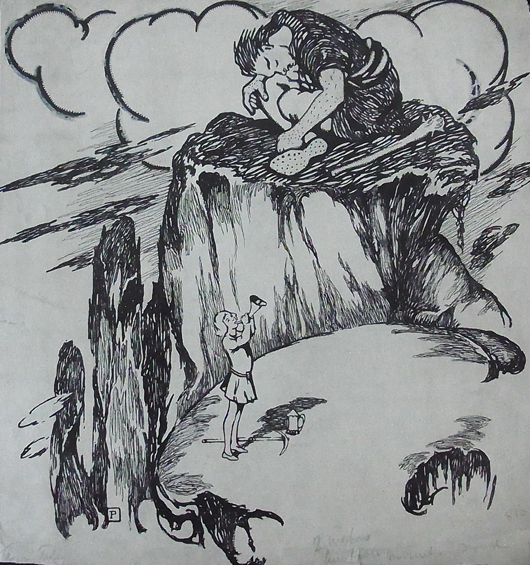 Howard Pyle, Fairy Tale, Sleeping Giant and a Boy Sounding a Horn, ink on paper with traces of gouache, signed with P monogram and titled at lower left corner. Hess Fine Auctions image.