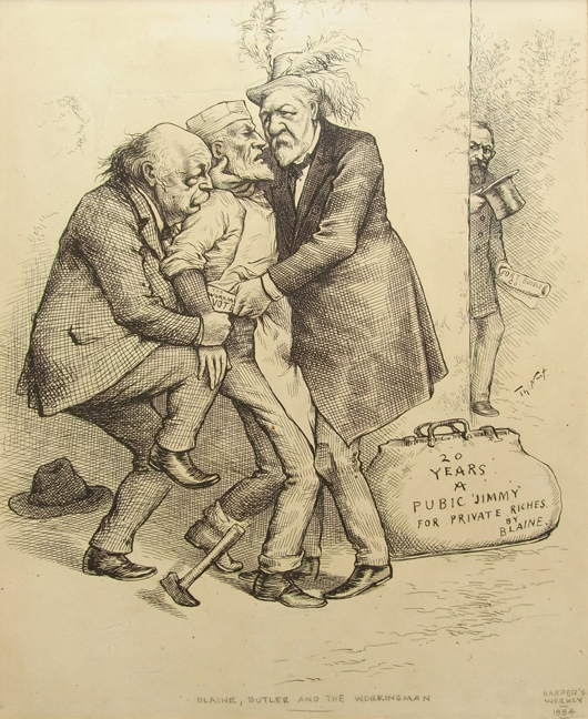 Thomas Nast, ink on illustration paperboard, signed and inscribed 'Harper's Weekly' and dated 1884 lower right in pencil. Titled lower center: 'Blaine, Butler and the Workingman.' 1908 Anderson Auction Company provenance verso, exhibited Art Institute of Chicago. Hess Fine Auctions image.