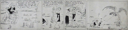 E. C. Segar, 1931 Popeye 4-panel comic strip, signed with addition of trademark cigar doodle, exhibited. Hess Fine Auctions image.