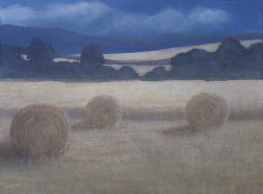 'Three hay bales, Holwell,' acrylic on canvas, 24 x 18 inches.