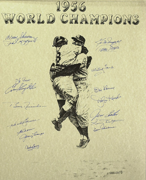 Team-autographed New York Yankees poster whose artwork re-creates the now-famous image of Yankees catcher Yogi Berra leaping into the arms of pitcher Don Larsen after the completion of Larsen's perfect game in game 5 of the 1956 World Series, October 8, 1956. Image courtesy of LiveAuctioneers.com Archive and The Written Word Autographs.