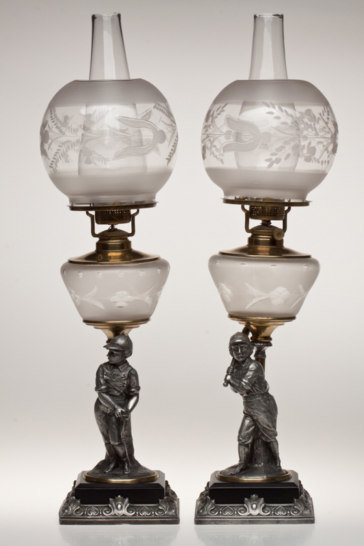 Rare matching pair of Hartford and Chicago Baseball Club figural spelter-stem lamps (Oct. 20). Jeffrey S. Evans & Associates image.