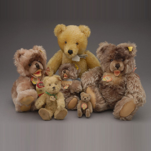 Collection of six vintage Steiff bears, all with label. Sold for $2,340. Michaan’s Auctions image.