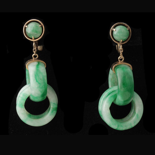 Jade, 14-karat yellow gold earrings. Sold for $3,802. Michaan’s Auctions image. 