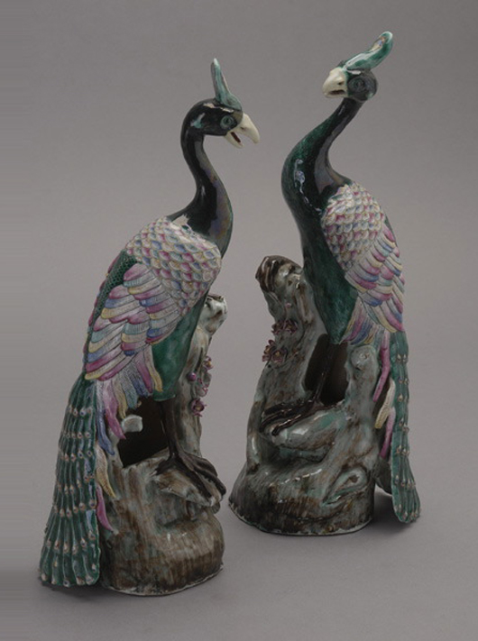 A pair of famille rose enameled peacock, 19th century. Sold for $2,925. Michaan’s Auctions image. 
