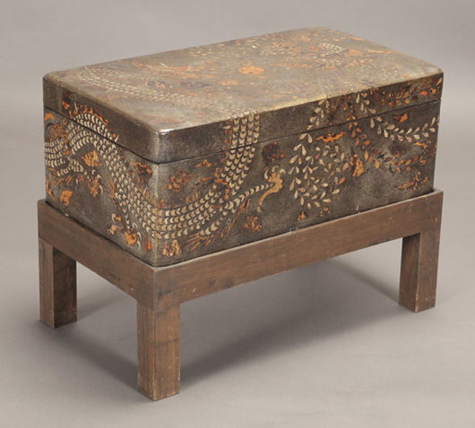 Lacquered and inlay decorated chest on stand, displaying a sinuous dragon and phoenix amid clouds.  Sold for $3,510. Michaan’s Auctions image. 