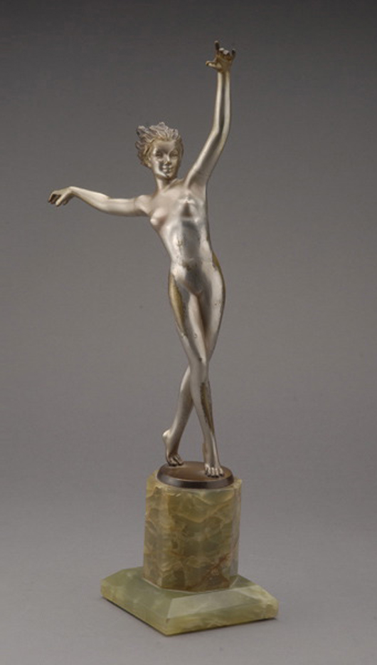 Art Deco silvered bronze nude figure on onyx dais base. Sold for $2,106. Michaan’s Auctions image.
