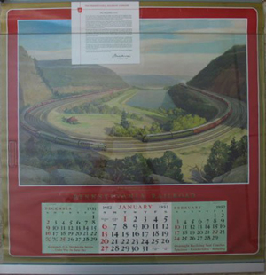 Horseshoe Curve is depicted on a 1952 calendar. Image courtesy of LiveAuctoneers.com and Hassinger & Courtney Auctioneering.
