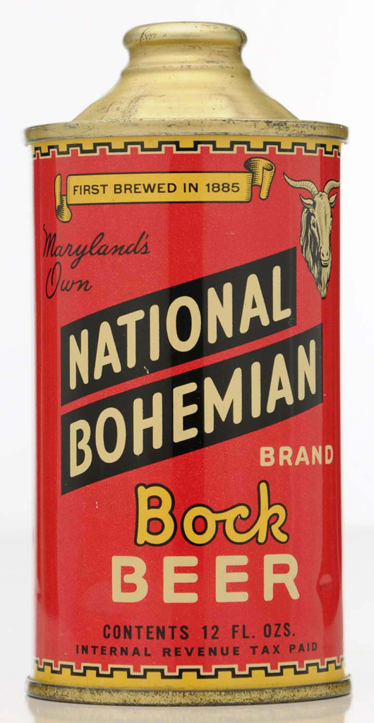 “Maryland’s Own” National Bohemian Bock beer can, $28,800. Morphy Auctions image.