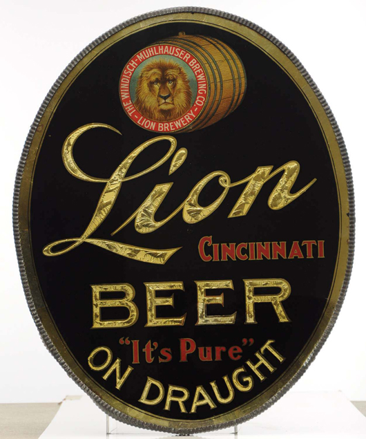 Reverse-on-glass oval corner sign for Lion Cincinnati Draught Beer, $16,800.
