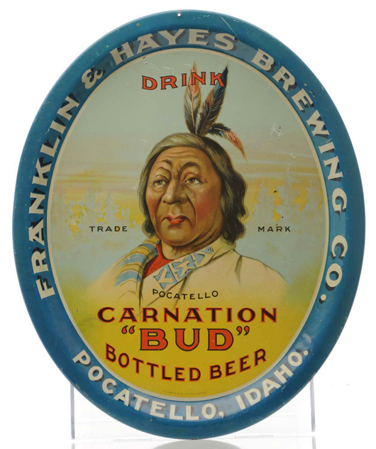 Pocatello Carnation Bud Bottled Beer tray, Franklin & Hayes Brewing Co. (Pocatello, Idaho), $10,800. Morphy Auctions image.