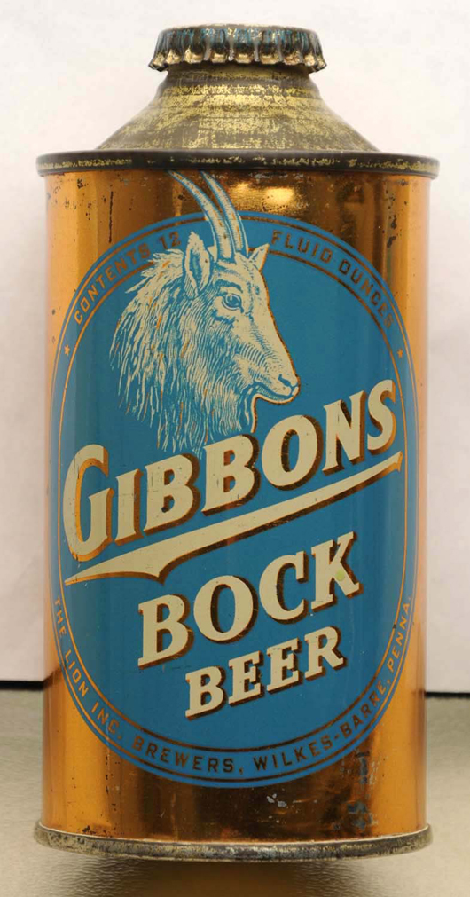 Gibbons Bock (Wilkes-Barre, Pa.) low-profile cone-top beer can, only known ‘graded’ example, top lot of the sale, $36,000. Morphy Auctions image.